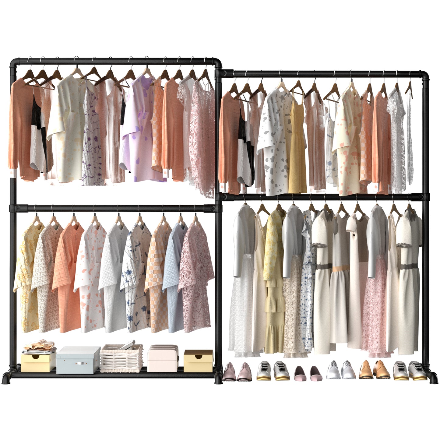 Heavy Duty Clothes Rail with Four Hanging Rails, Space-Saving Corner Clothes Rack with 360° Foldable Side Arms and Bottom Storage Shelf, 150 kg Load Capacity