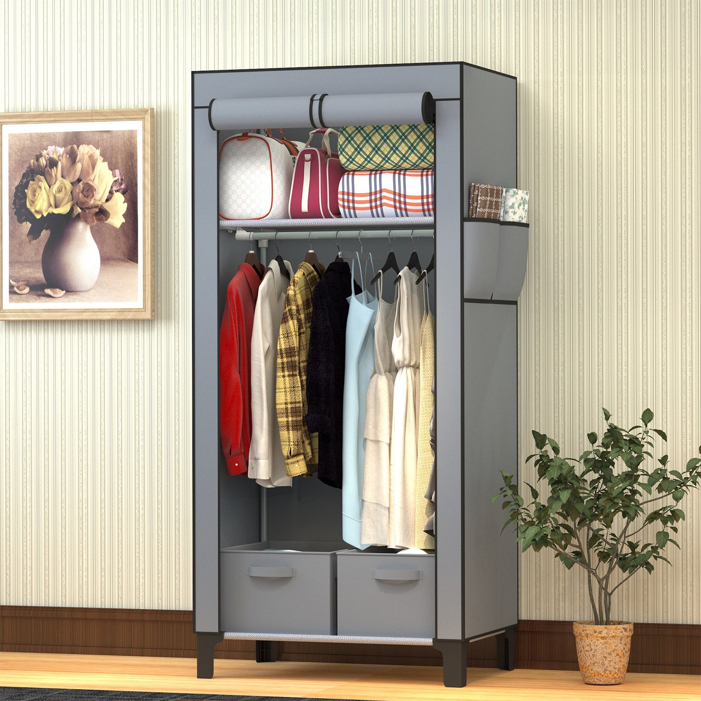 Canvas Wardrobe for Bedroom Fabric Wardrobe Closet with 2 Hanging Rails,2 Drawers, Portable Temporary Stable Base 161 * 59 * 45cm (Grey) DJ-10120