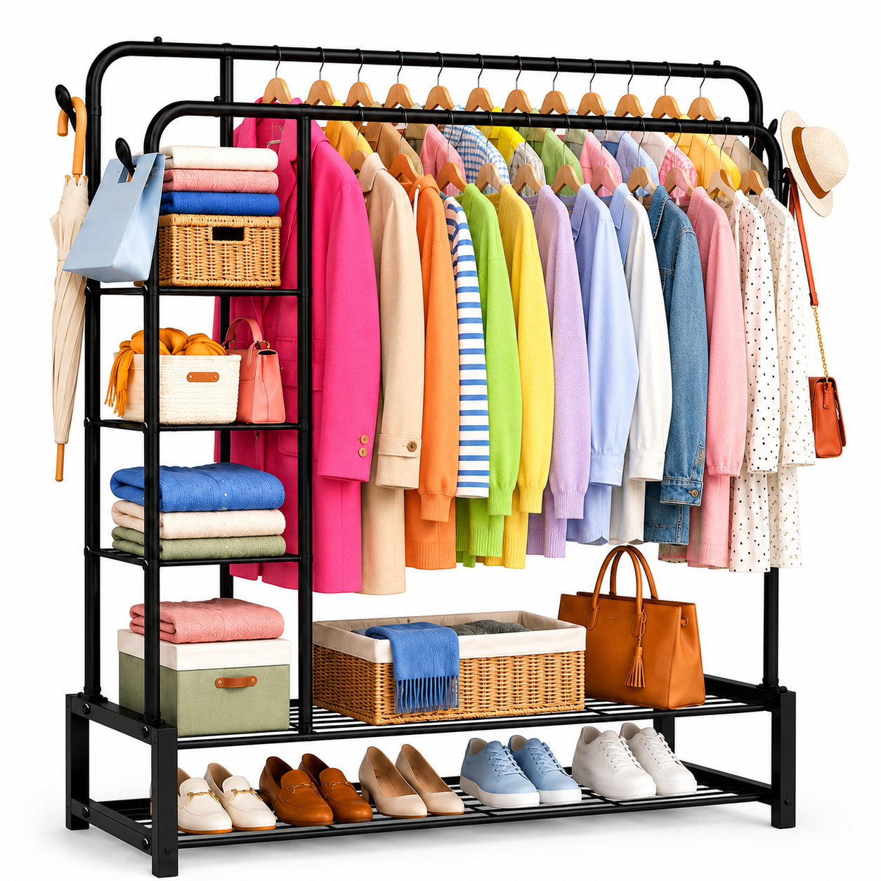 Double Clothes Rail for Bedroom, 110 * 55 * 145cm Sturdy Hanging Clothes Rack for Garments, Metal Clothing Rail with Storage Shelf, 95 kg Load Capacity