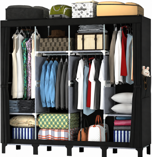 Portable Closet Wardrobe Closet for Hanging Clothes with 4 Hanging Rods for Bedroom, Non-Woven Fabric Clothes Closet for Living Room Easy Assemble (black, 4 Columns, 66.9 inch Width)