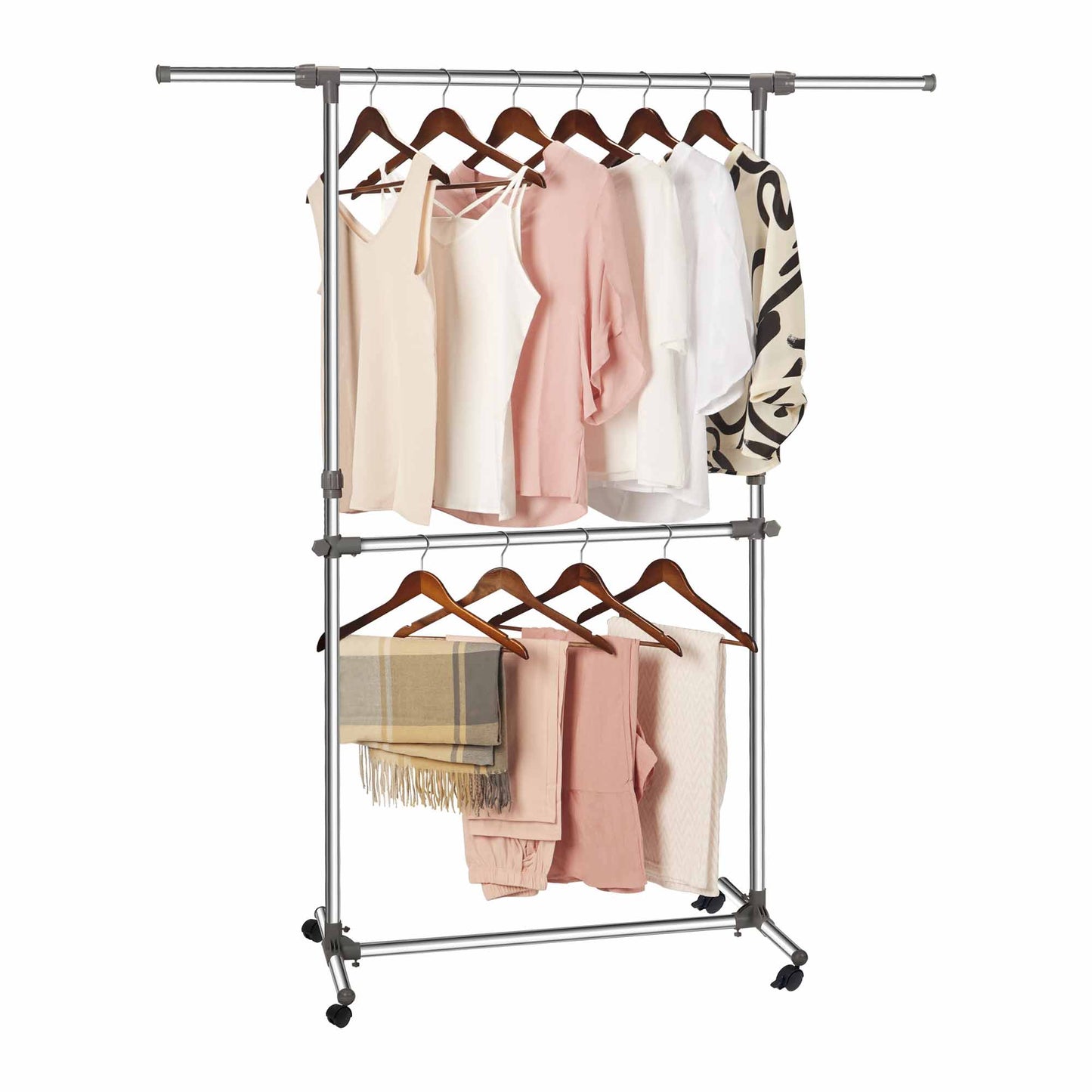 Clothes Rail with Wheels, Adjustable Stainless Steel Clothes Rack with Extendable Width and Height, Metal Clothing Rail for Small Bedrooms