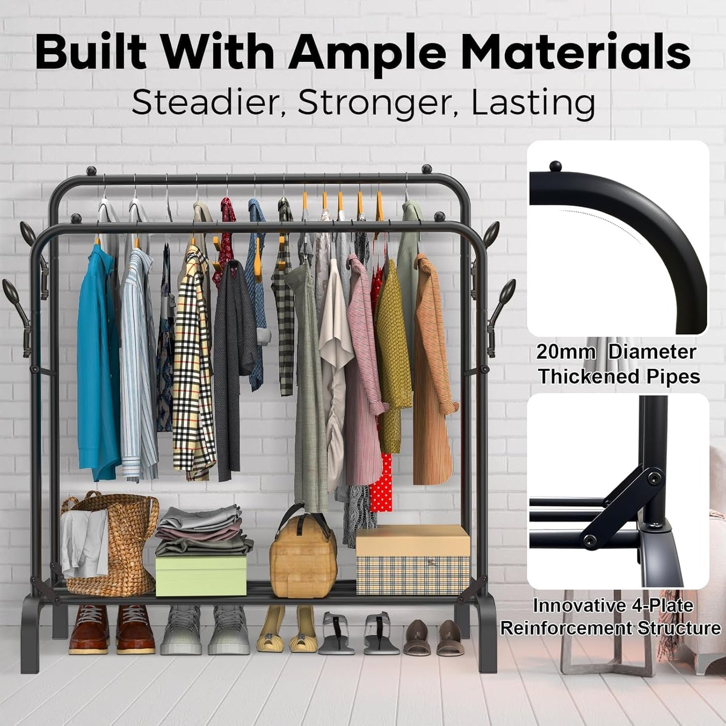 Heavy Duty Clothes Rail for Bedroom, 110 × 55 × 145cm Sturdy Hanging Clothes Rack for Garments, Double Metal Clothing Rail with Storage Shelf, Max 95 kg (Black)