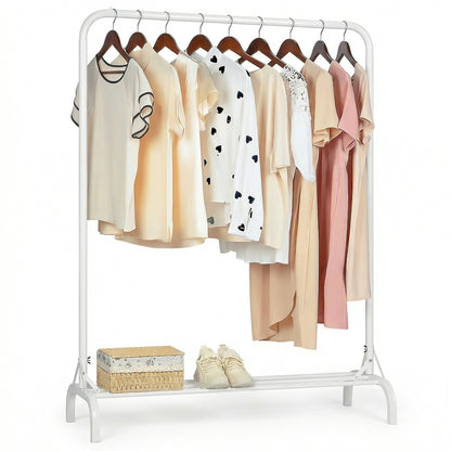Sturdy Clothes Rail for Bedroom, Portable Clothes Rack with Shoe Storage, Metal Clothing Rail for Hanging Garments (White)