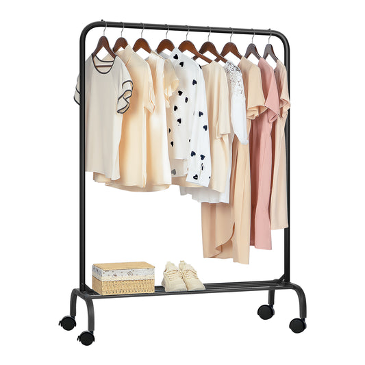 Sturdy Clothes Rail with Wheels for Bedroom, Portable Clothes Rack with Shoe Storage, Metal Clothing Rail for Hanging Garments (Black)