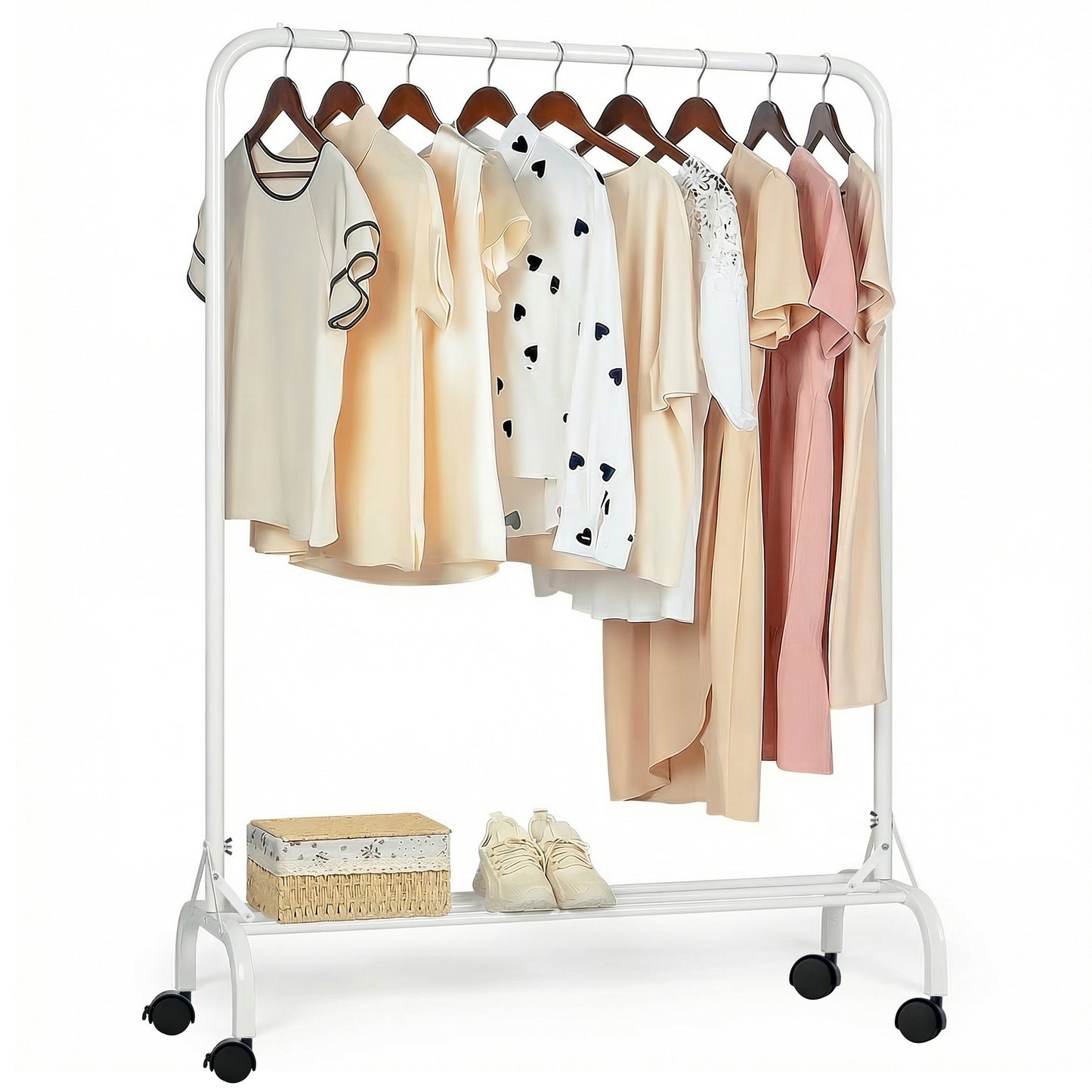 Sturdy Clothes Rail with Wheels for Bedroom, Portable Clothes Rack with Shoe Storage, Metal Clothing Rail for Hanging Garments (White)