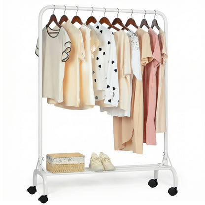 Sturdy Clothes Rail with Wheels for Bedroom, Portable Clothes Rack with Shoe Storage, Metal Clothing Rail for Hanging Garments (White)