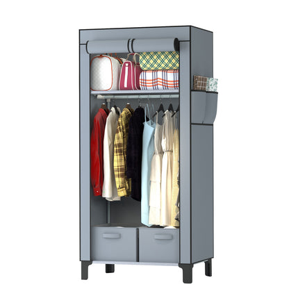 Canvas Wardrobe for Bedroom Fabric Wardrobe Closet with 2 Hanging Rails,2 Drawers, Portable Temporary Stable Base 161 * 59 * 45cm (Grey) DJ-10120