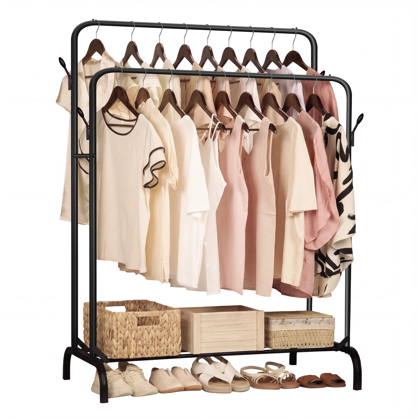 Double Clothes Rail for Bedroom, 110 * 55 * 145cm Sturdy Hanging Clothes Rack for Garments, Metal Clothing Rail with Storage Shelf, 95 kg Load Capacity