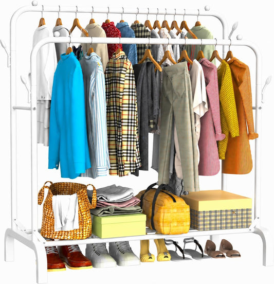 Heavy Duty Clothes Rail for Bedroom, 110 × 55 × 145cm Sturdy Hanging Clothes Rack for Garments, Double Metal Clothing Rail with Storage Shelf, Max 95 kg (White)