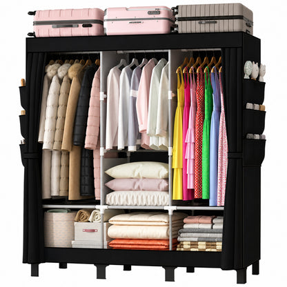 Canvas Wardrobe for Bedroom Fabric Wardrobe with 3 Hanging Rails, Portable Temporary Stable Base172 * 130 * 45cm (black) DJ-155B