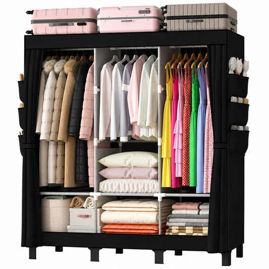 Canvas Wardrobe for Bedroom Fabric Wardrobe with 3 Hanging Rails, Portable Temporary Stable Base172 * 130 * 45cm (black) DJ-155B