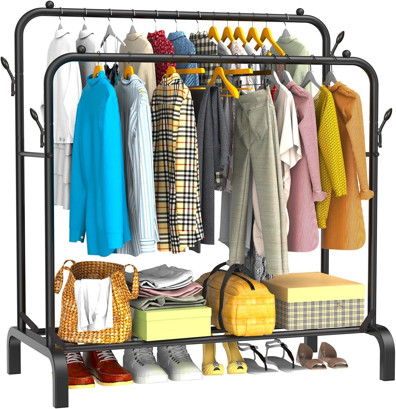 Heavy Duty Clothes Rail for Bedroom, 110 × 55 × 145cm Sturdy Hanging Clothes Rack for Garments, Double Metal Clothing Rail with Storage Shelf, Max 95 kg (Black)