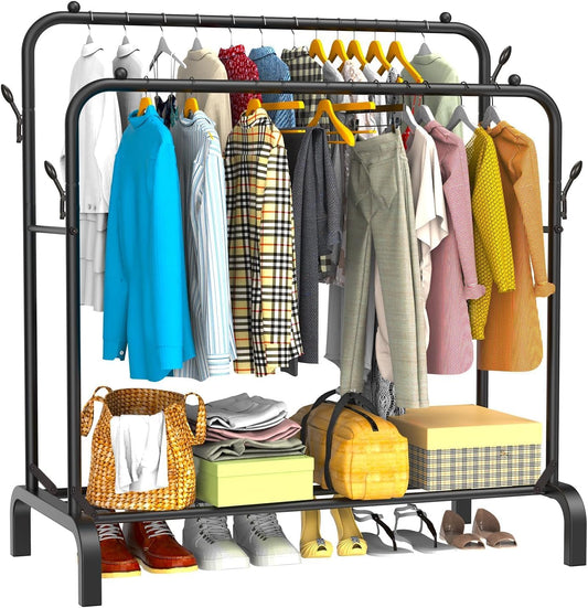 Heavy Duty Clothes Rail for Bedroom, 110 × 55 × 145cm Sturdy Hanging Clothes Rack for Garments, Double Metal Clothing Rail with Storage Shelf, Max 95 kg (Black)