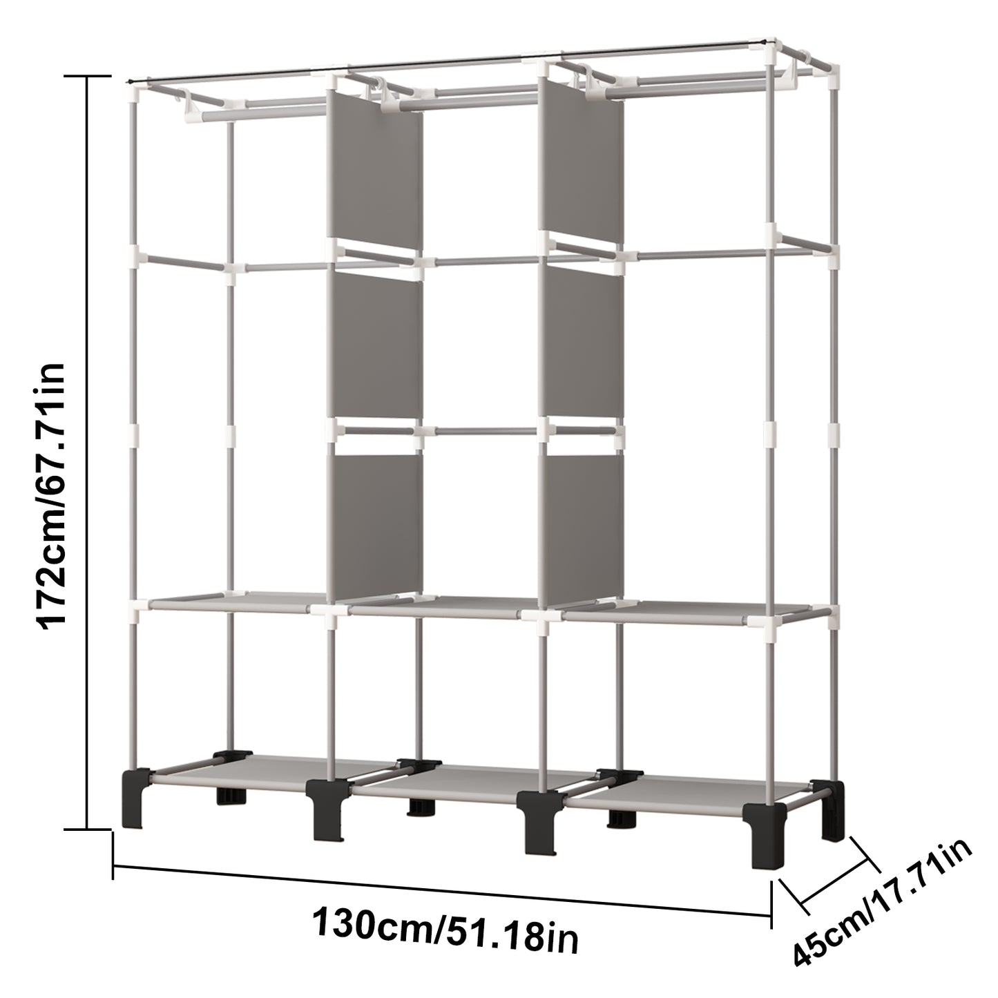 Canvas Wardrobe for Bedroom Fabric Wardrobe with 3 Hanging Rails, Portable Temporary Stable Base172 * 130 * 45cm (Grey) DJ-155B