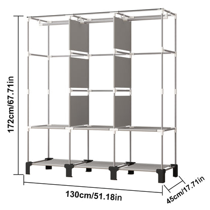 Canvas Wardrobe for Bedroom Fabric Wardrobe with 3 Hanging Rails, Portable Temporary Stable Base172 * 130 * 45cm (Grey) DJ-155B