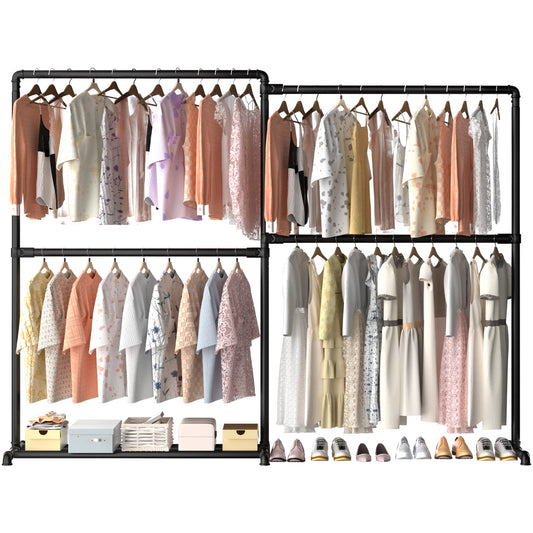 Heavy Duty Clothes Rail with Four Hanging Rails, Space-Saving Corner Clothes Rack with 360° Foldable Side Arms and Bottom Storage Shelf, 150 kg Load Capacity