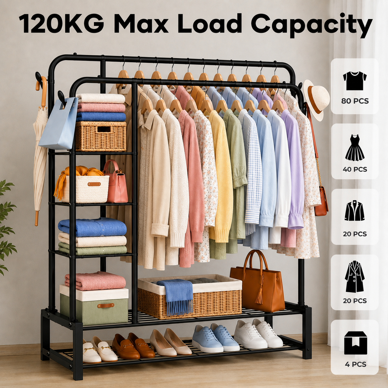 Double Clothes Rail for Bedroom, 110 * 55 * 145cm Sturdy Hanging Clothes Rack for Garments, Metal Clothing Rail with Storage Shelf, 95 kg Load Capacity