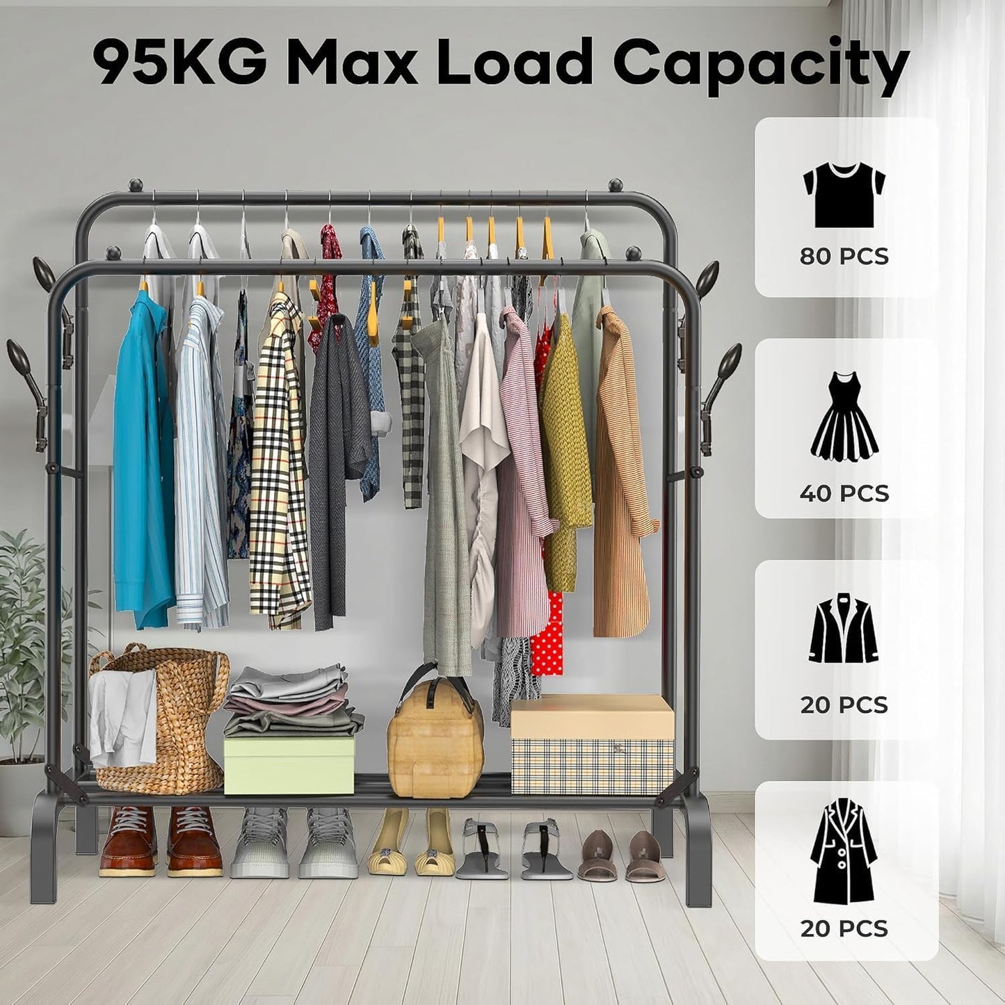 Heavy Duty Clothes Rail for Bedroom, 110 × 55 × 145cm Sturdy Hanging Clothes Rack for Garments, Double Metal Clothing Rail with Storage Shelf, Max 95 kg (Black)