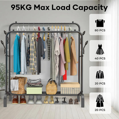 Heavy Duty Clothes Rail for Bedroom, 110 × 55 × 145cm Sturdy Hanging Clothes Rack for Garments, Double Metal Clothing Rail with Storage Shelf, Max 95 kg (Black)