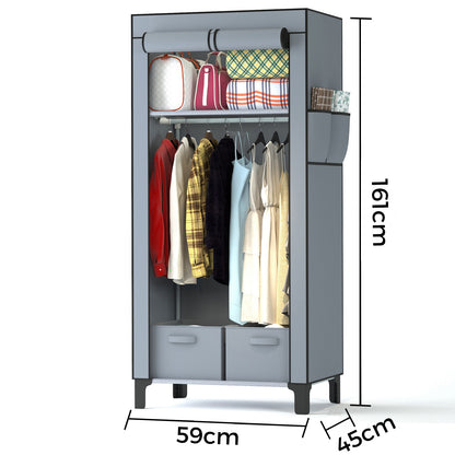 Canvas Wardrobe for Bedroom Fabric Wardrobe Closet with 2 Hanging Rails,2 Drawers, Portable Temporary Stable Base 161 * 59 * 45cm (Grey) DJ-10120