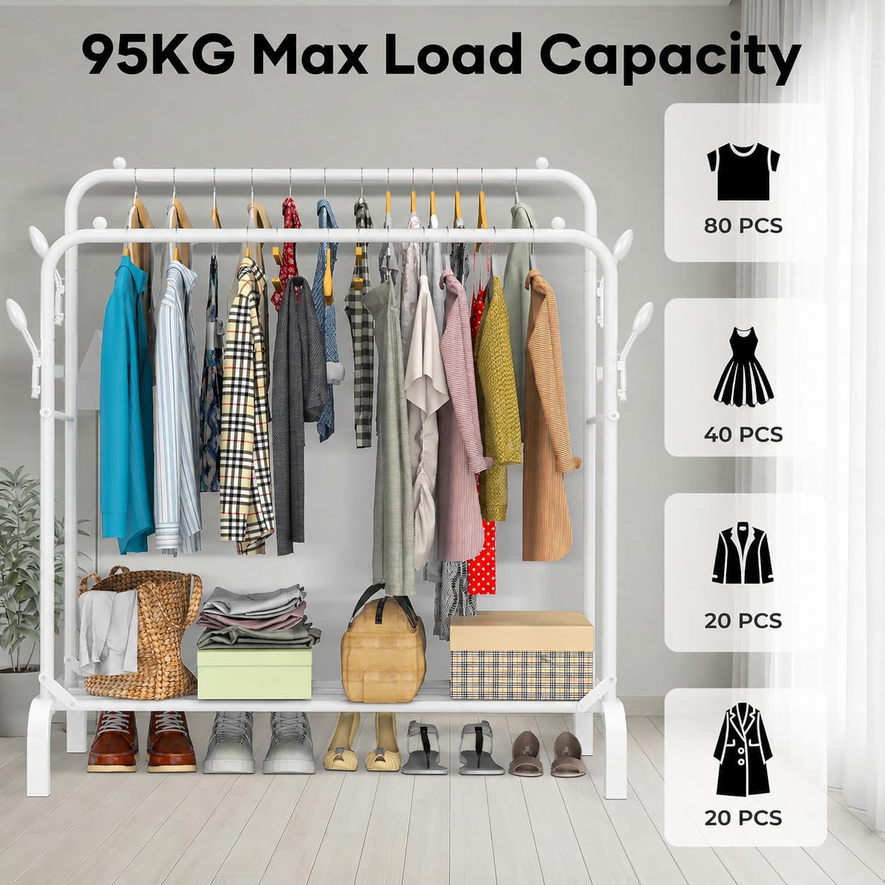 Heavy Duty Clothes Rail for Bedroom, 110 × 55 × 145cm Sturdy Hanging Clothes Rack for Garments, Double Metal Clothing Rail with Storage Shelf, Max 95 kg (White)