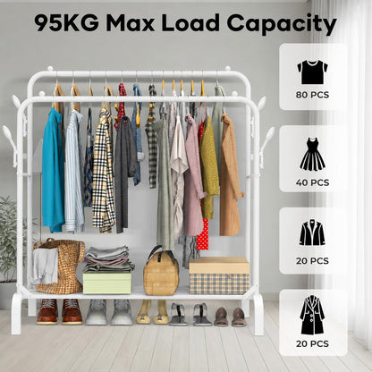 Heavy Duty Clothes Rail for Bedroom, 110 × 55 × 145cm Sturdy Hanging Clothes Rack for Garments, Double Metal Clothing Rail with Storage Shelf, Max 95 kg (White)