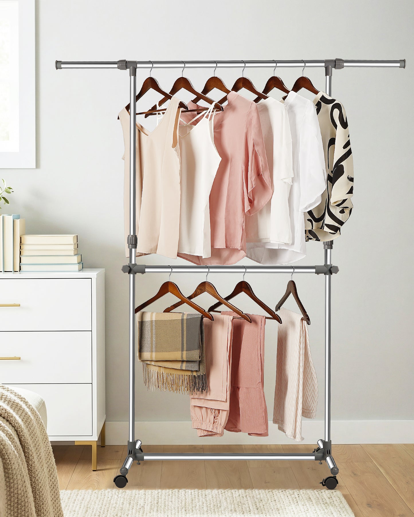 Clothes Rail with Wheels, Adjustable Stainless Steel Clothes Rack with Extendable Width and Height, Metal Clothing Rail for Small Bedrooms