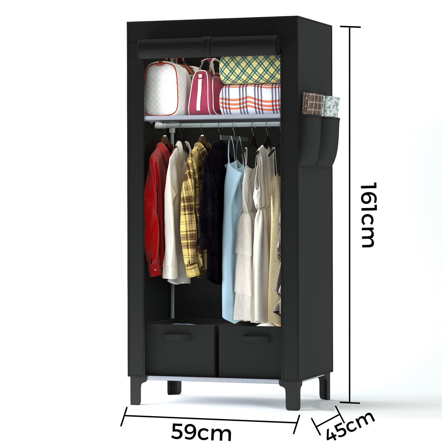 Canvas Wardrobe for Bedroom Fabric Wardrobe Closet with 2 Hanging Rails,2 Drawers, Portable Temporary Stable Base 161 * 59 * 45cm (Black) DJ-10120