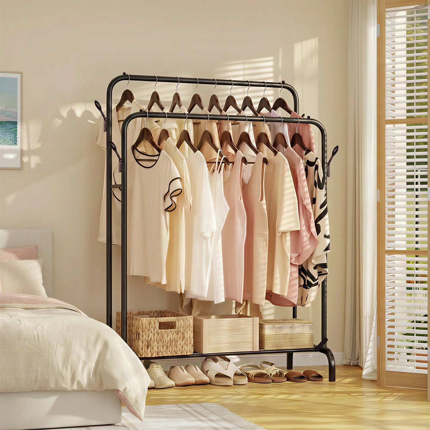 Double Clothes Rail for Bedroom, 110 * 55 * 145cm Sturdy Hanging Clothes Rack for Garments, Metal Clothing Rail with Storage Shelf, 95 kg Load Capacity