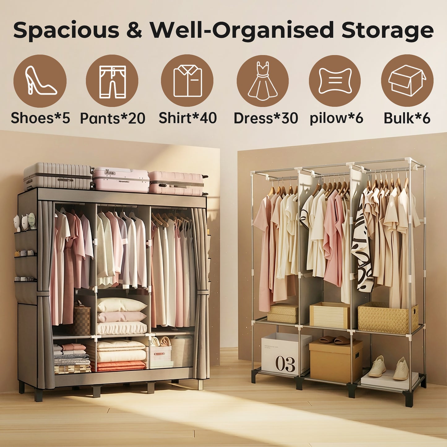 Canvas Wardrobe for Bedroom Fabric Wardrobe with 3 Hanging Rails, Portable Temporary Stable Base172 * 130 * 45cm (Grey) DJ-155B