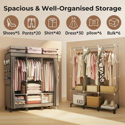 Canvas Wardrobe for Bedroom Fabric Wardrobe with 3 Hanging Rails, Portable Temporary Stable Base172 * 130 * 45cm (Grey) DJ-155B