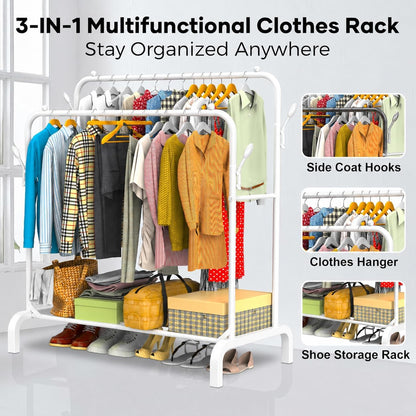 Heavy Duty Clothes Rail for Bedroom, 110 × 55 × 145cm Sturdy Hanging Clothes Rack for Garments, Double Metal Clothing Rail with Storage Shelf, Max 95 kg (White)