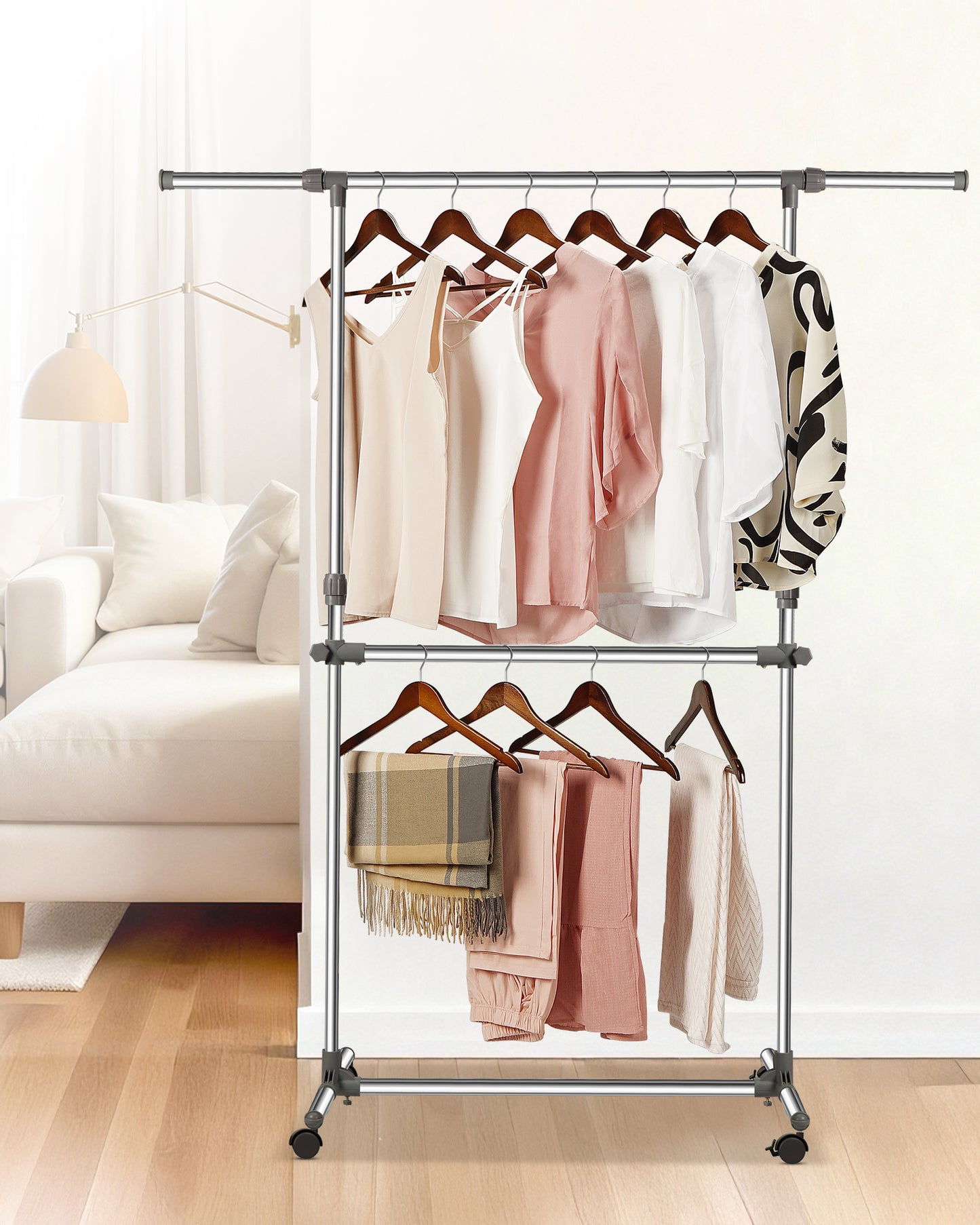 Clothes Rail with Wheels, Adjustable Stainless Steel Clothes Rack with Extendable Width and Height, Metal Clothing Rail for Small Bedrooms