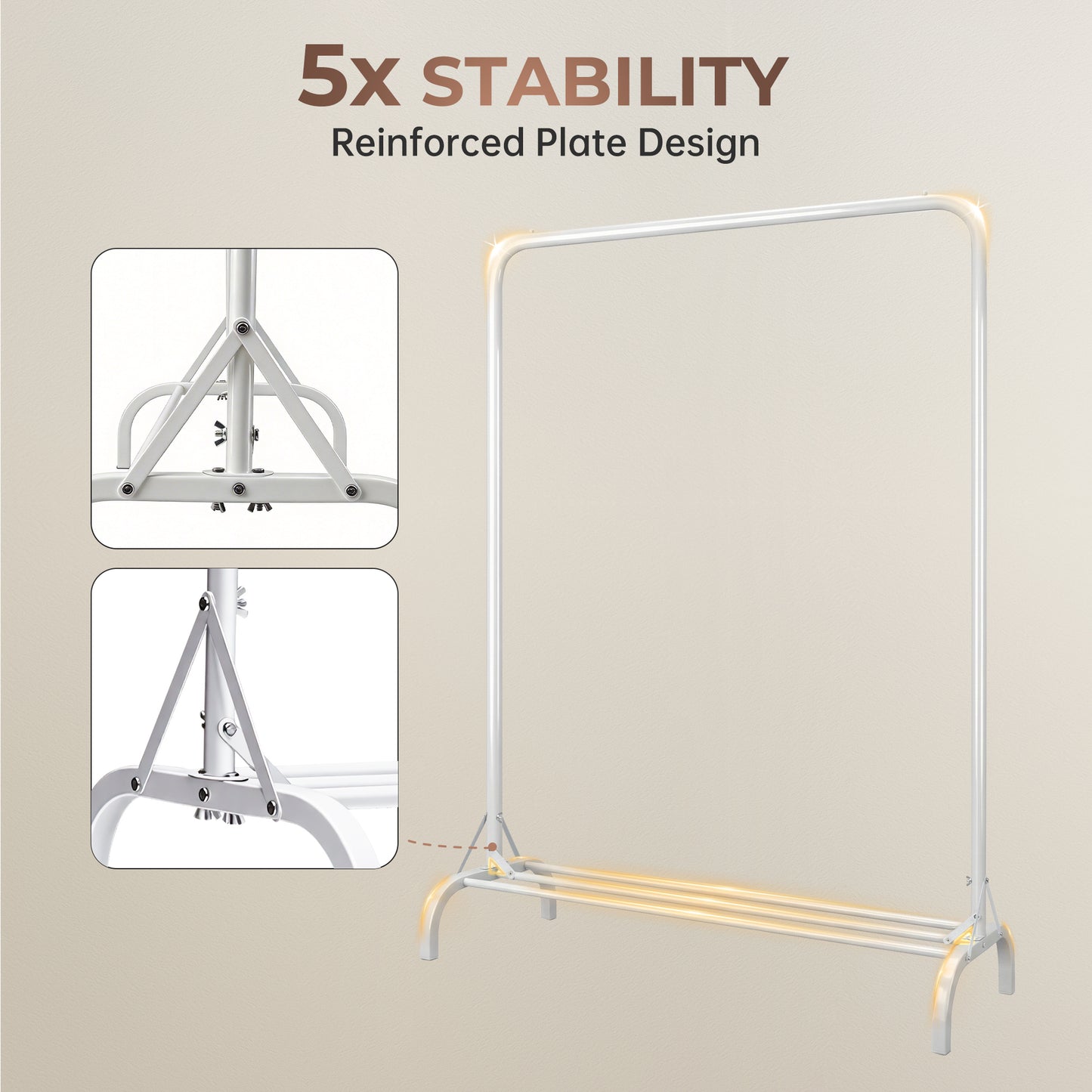 Sturdy Clothes Rail for Bedroom, Portable Clothes Rack with Shoe Storage, Metal Clothing Rail for Hanging Garments (White)