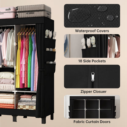 Canvas Wardrobe for Bedroom Fabric Wardrobe with 3 Hanging Rails, Portable Temporary Stable Base172 * 130 * 45cm (black) DJ-155B