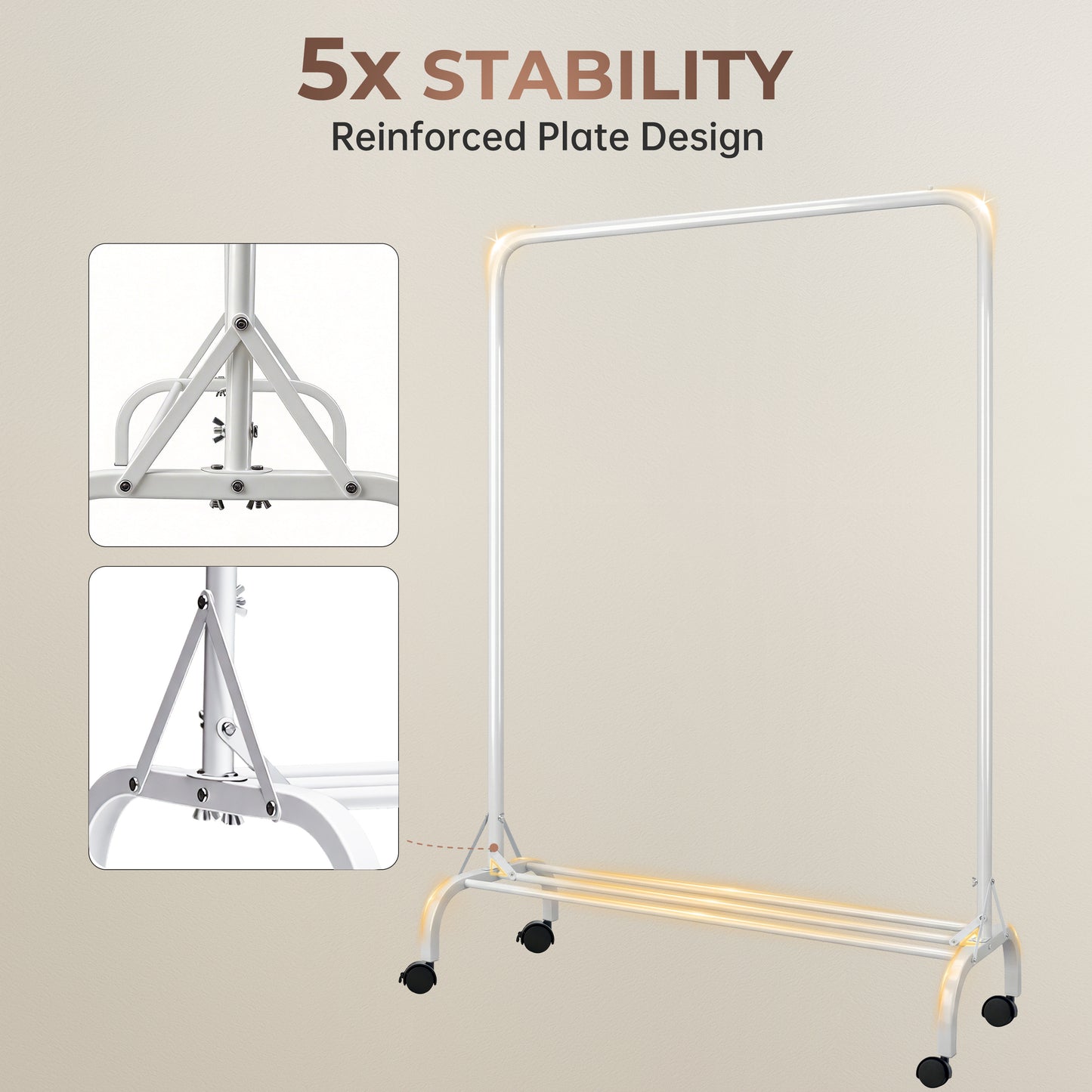 Sturdy Clothes Rail with Wheels for Bedroom, Portable Clothes Rack with Shoe Storage, Metal Clothing Rail for Hanging Garments (White)