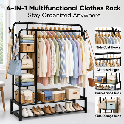 Double Clothes Rail for Bedroom, 110 * 55 * 145cm Sturdy Hanging Clothes Rack for Garments, Metal Clothing Rail with Storage Shelf, 95 kg Load Capacity