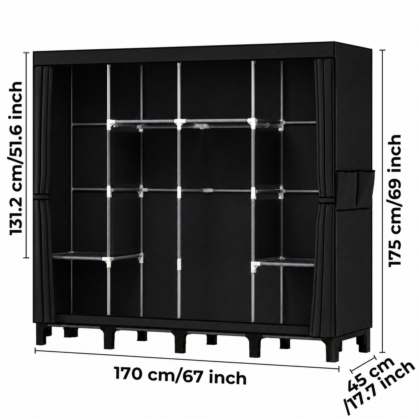 Portable Closet Wardrobe Closet for Hanging Clothes with 4 Hanging Rods for Bedroom, Non-Woven Fabric Clothes Closet for Living Room Easy Assemble (black, 4 Columns, 66.9 inch Width)