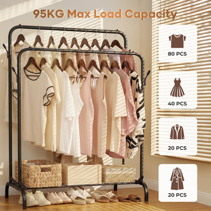 Double Clothes Rail for Bedroom, 110 * 55 * 145cm Sturdy Hanging Clothes Rack for Garments, Metal Clothing Rail with Storage Shelf, 95 kg Load Capacity