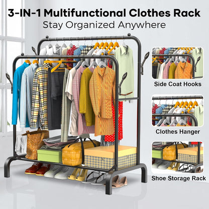 Heavy Duty Clothes Rail for Bedroom, 110 × 55 × 145cm Sturdy Hanging Clothes Rack for Garments, Double Metal Clothing Rail with Storage Shelf, Max 95 kg (Black)