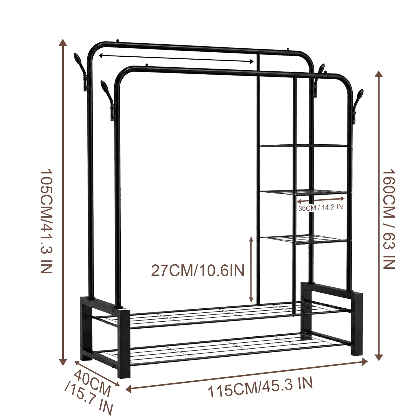 Double Clothes Rail for Bedroom, 110 * 55 * 145cm Sturdy Hanging Clothes Rack for Garments, Metal Clothing Rail with Storage Shelf, 95 kg Load Capacity