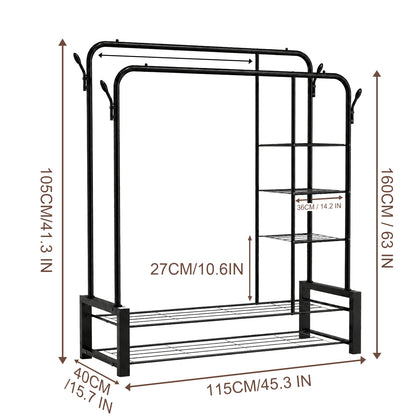 Double Clothes Rail for Bedroom, 110 * 55 * 145cm Sturdy Hanging Clothes Rack for Garments, Metal Clothing Rail with Storage Shelf, 95 kg Load Capacity