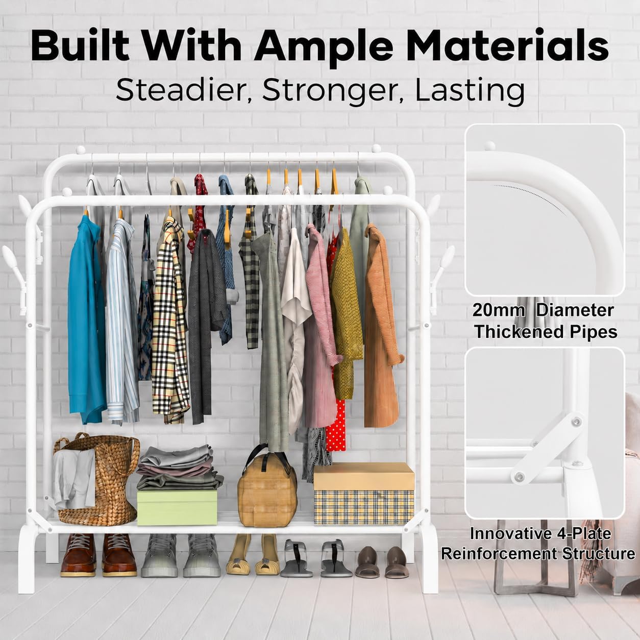 Heavy Duty Clothes Rail for Bedroom, 110 × 55 × 145cm Sturdy Hanging Clothes Rack for Garments, Double Metal Clothing Rail with Storage Shelf, Max 95 kg (White)