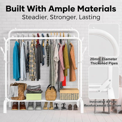 Heavy Duty Clothes Rail for Bedroom, 110 × 55 × 145cm Sturdy Hanging Clothes Rack for Garments, Double Metal Clothing Rail with Storage Shelf, Max 95 kg (White)