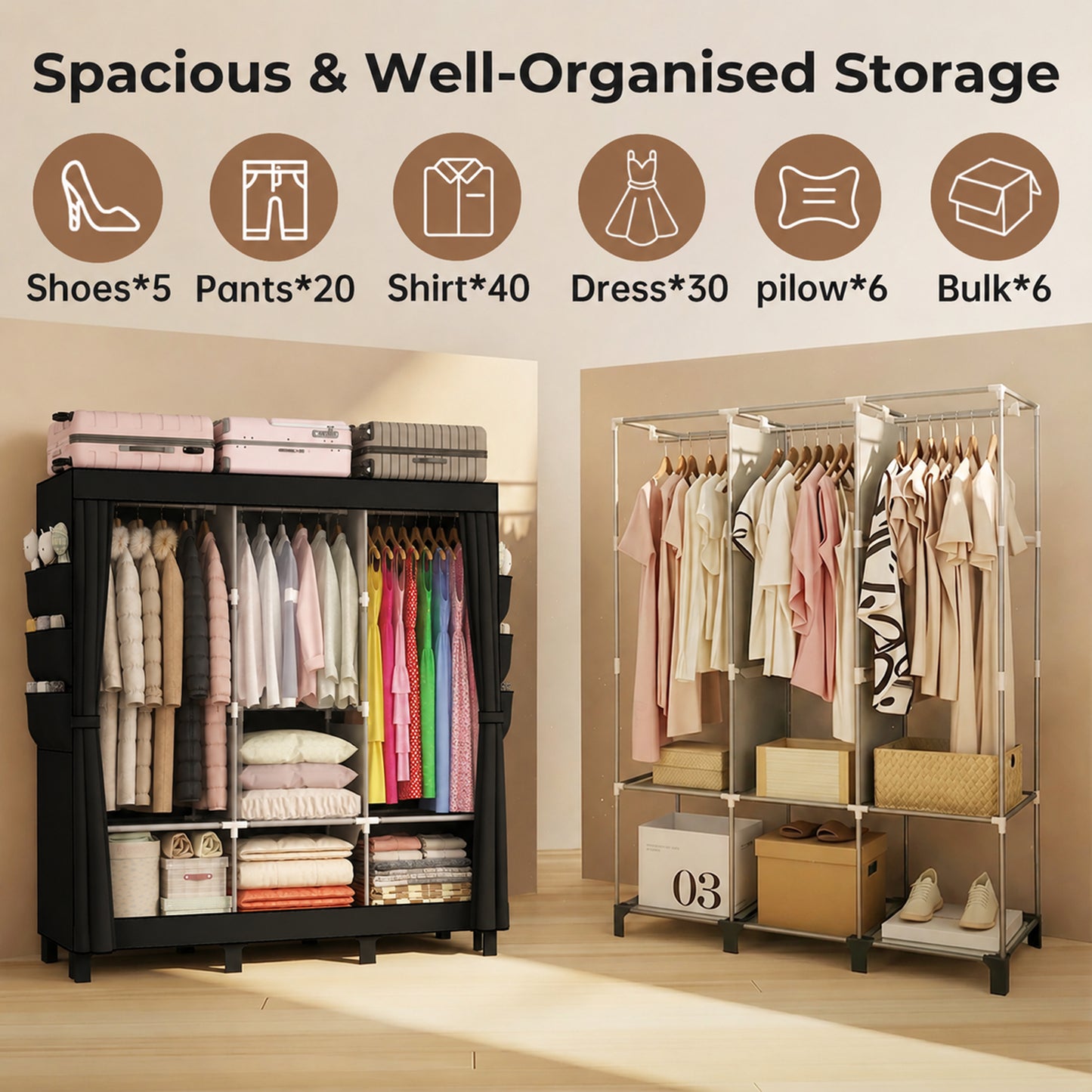 Canvas Wardrobe for Bedroom Fabric Wardrobe with 3 Hanging Rails, Portable Temporary Stable Base172 * 130 * 45cm (black) DJ-155B