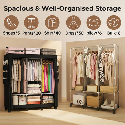 Canvas Wardrobe for Bedroom Fabric Wardrobe with 3 Hanging Rails, Portable Temporary Stable Base172 * 130 * 45cm (black) DJ-155B