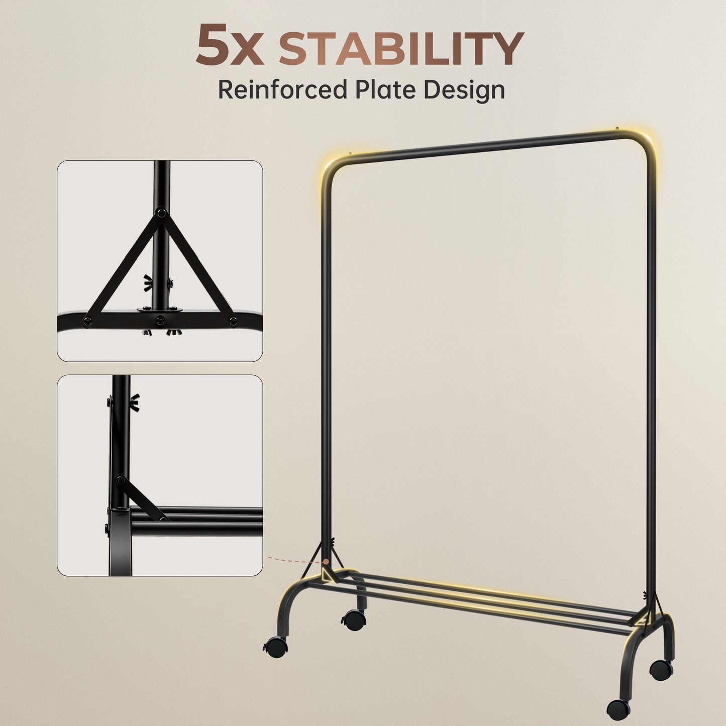 Sturdy Clothes Rail with Wheels for Bedroom, Portable Clothes Rack with Shoe Storage, Metal Clothing Rail for Hanging Garments (Black)