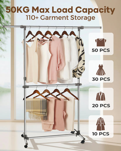 Clothes Rail with Wheels, Adjustable Stainless Steel Clothes Rack with Extendable Width and Height, Metal Clothing Rail for Small Bedrooms