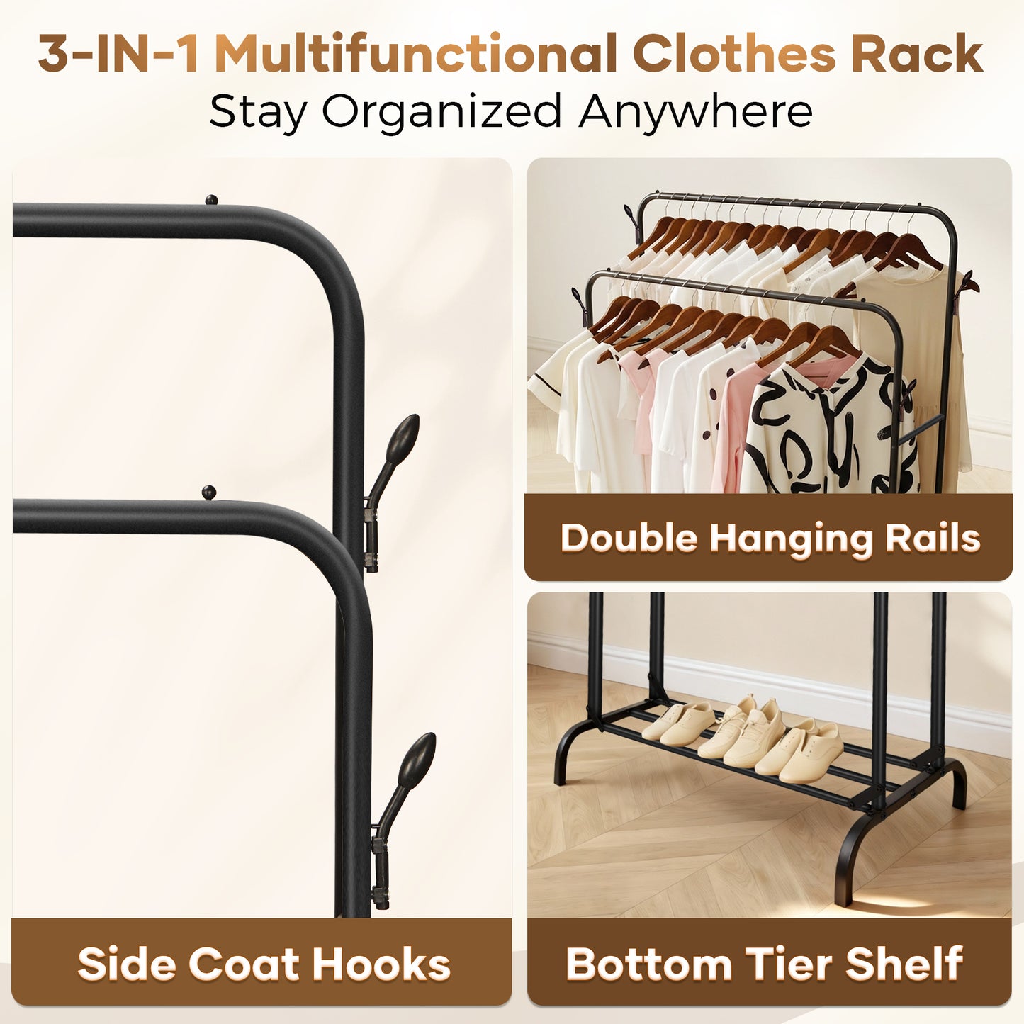 Double Clothes Rail for Bedroom, 110 * 55 * 145cm Sturdy Hanging Clothes Rack for Garments, Metal Clothing Rail with Storage Shelf, 95 kg Load Capacity
