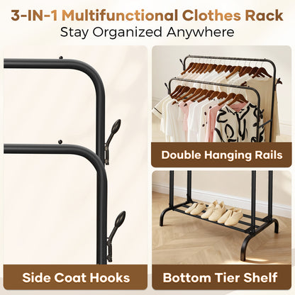 Double Clothes Rail for Bedroom, 110 * 55 * 145cm Sturdy Hanging Clothes Rack for Garments, Metal Clothing Rail with Storage Shelf, 95 kg Load Capacity
